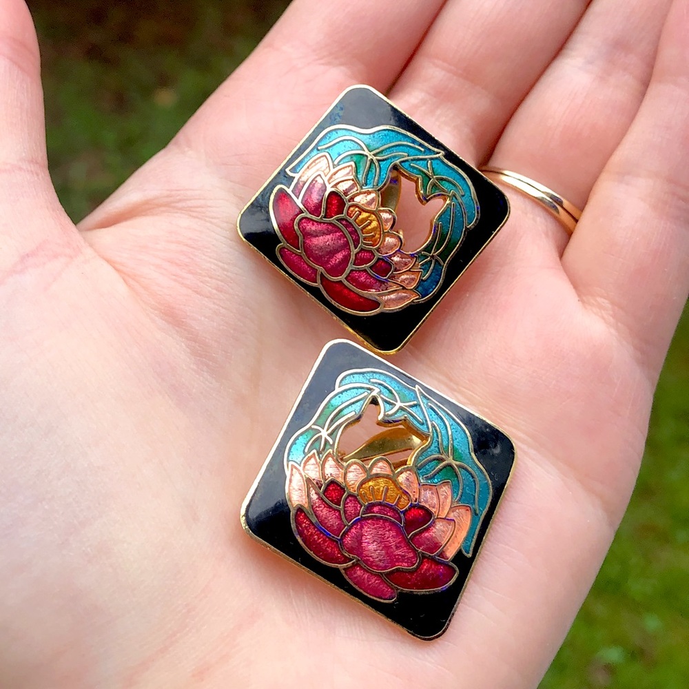 Cloisonné flower colorful clip on earrings vintage diamond shape red blue gold